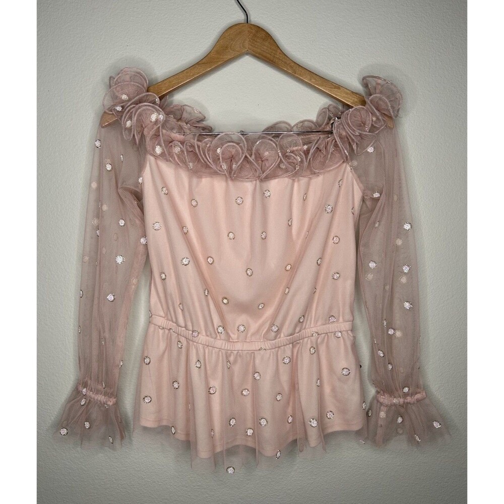 NWT Adrianna Papell Fairy Ethereal Sheer Off Shoulder Polka Dot Peplum Blouse 4